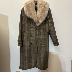 Kenneth Cole Brown Plaid Pea Coat with Faux Fur Collar wool beautiful